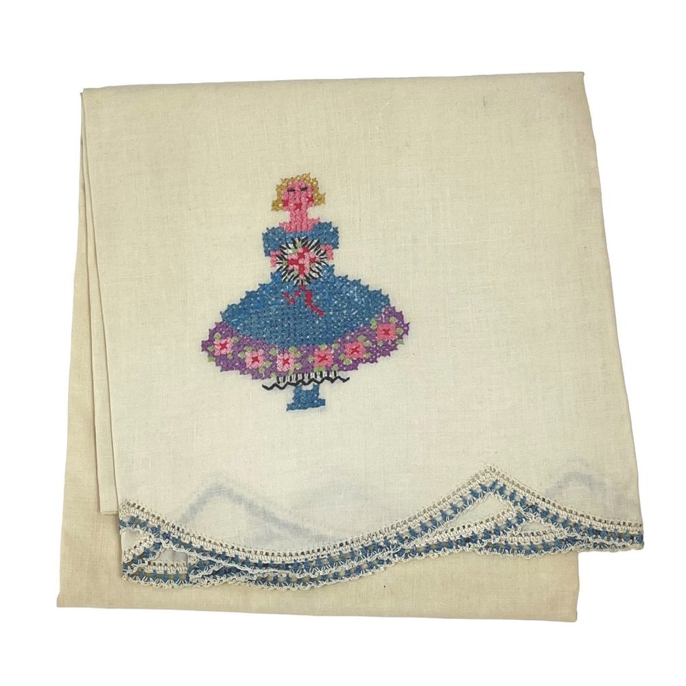 Vintage Single Pillowcase Embroidered Woman Holding Flowers & Crochet Edge